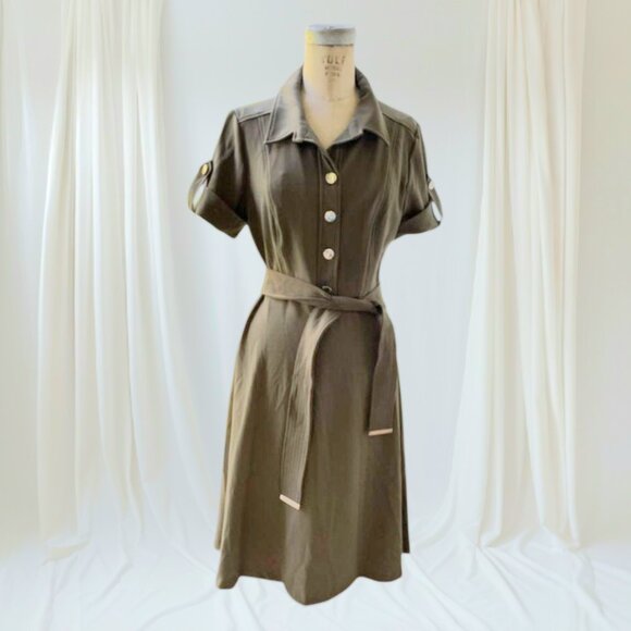 TOMMY HILFIGER Scuba Crepe Belted Shirtdress - Olive Green - Picture 1 of 5